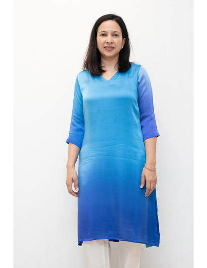 Blue Shaded V Neck Modal Silk Long Kurta