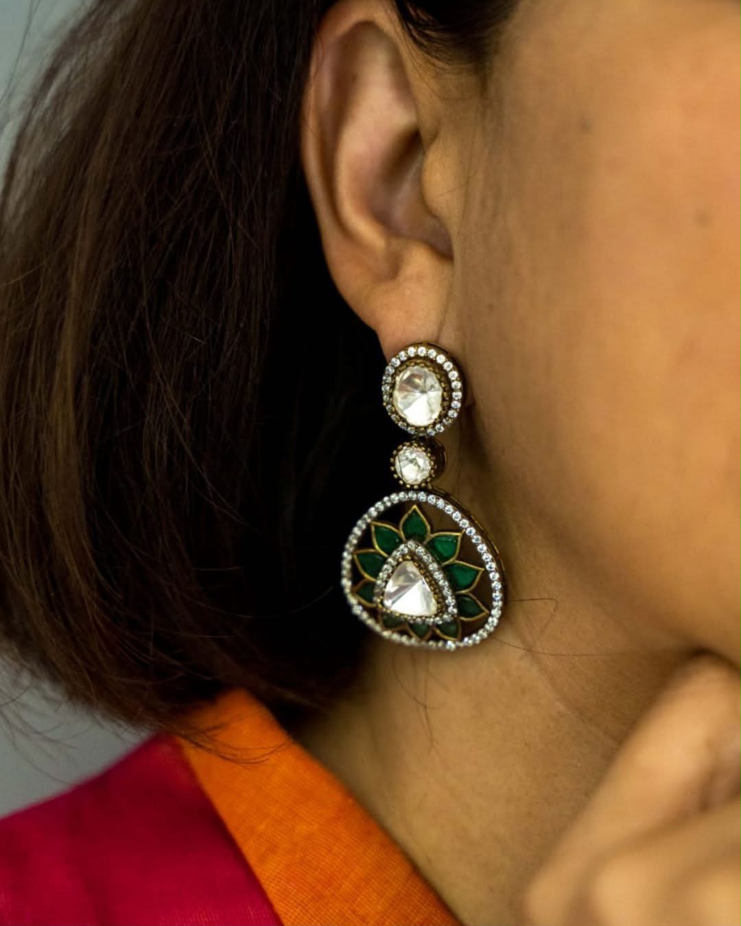 Gold Plated Green White Drop Earrings