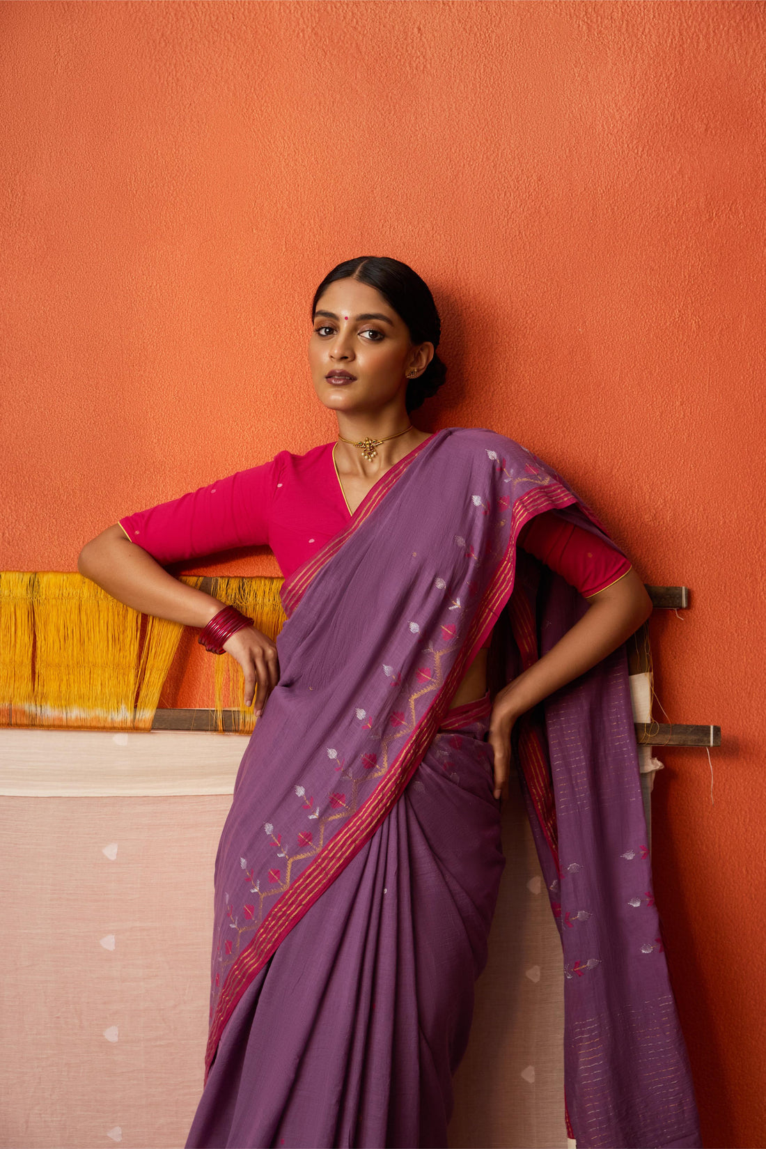 Mauve Jamdani RedBorder Cotton Saree