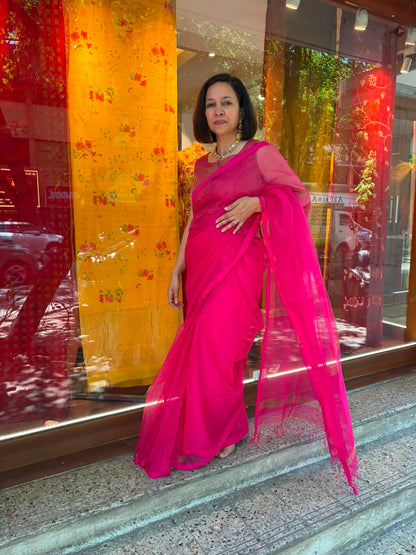 Pink Checks Organza Silk Kota Fulia Saree