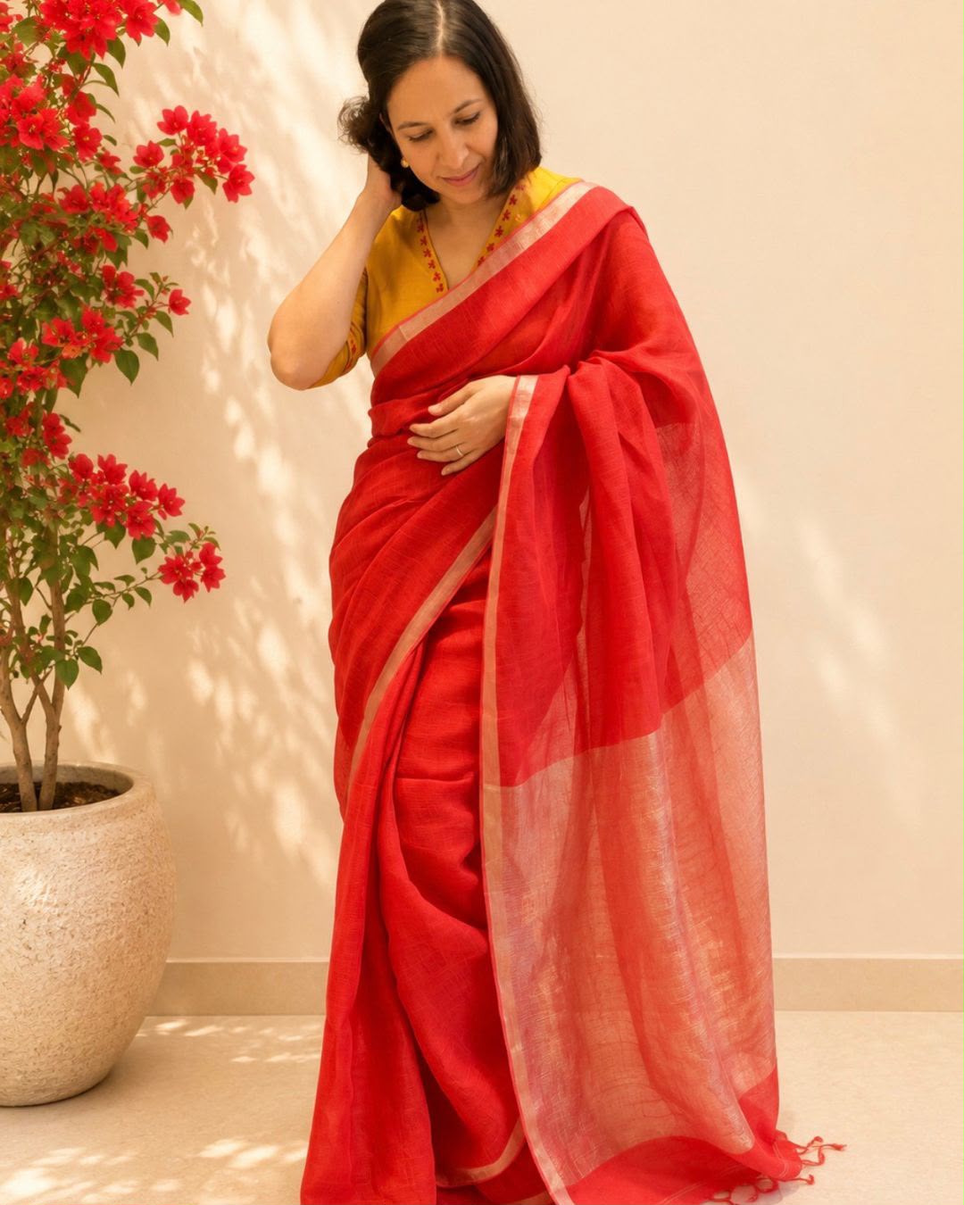 Red Linen Silver Tissue Border Saree
