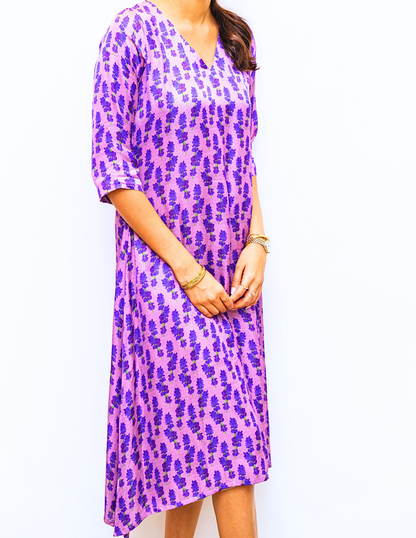 Lavender V Neck Floral Print Modal Dress