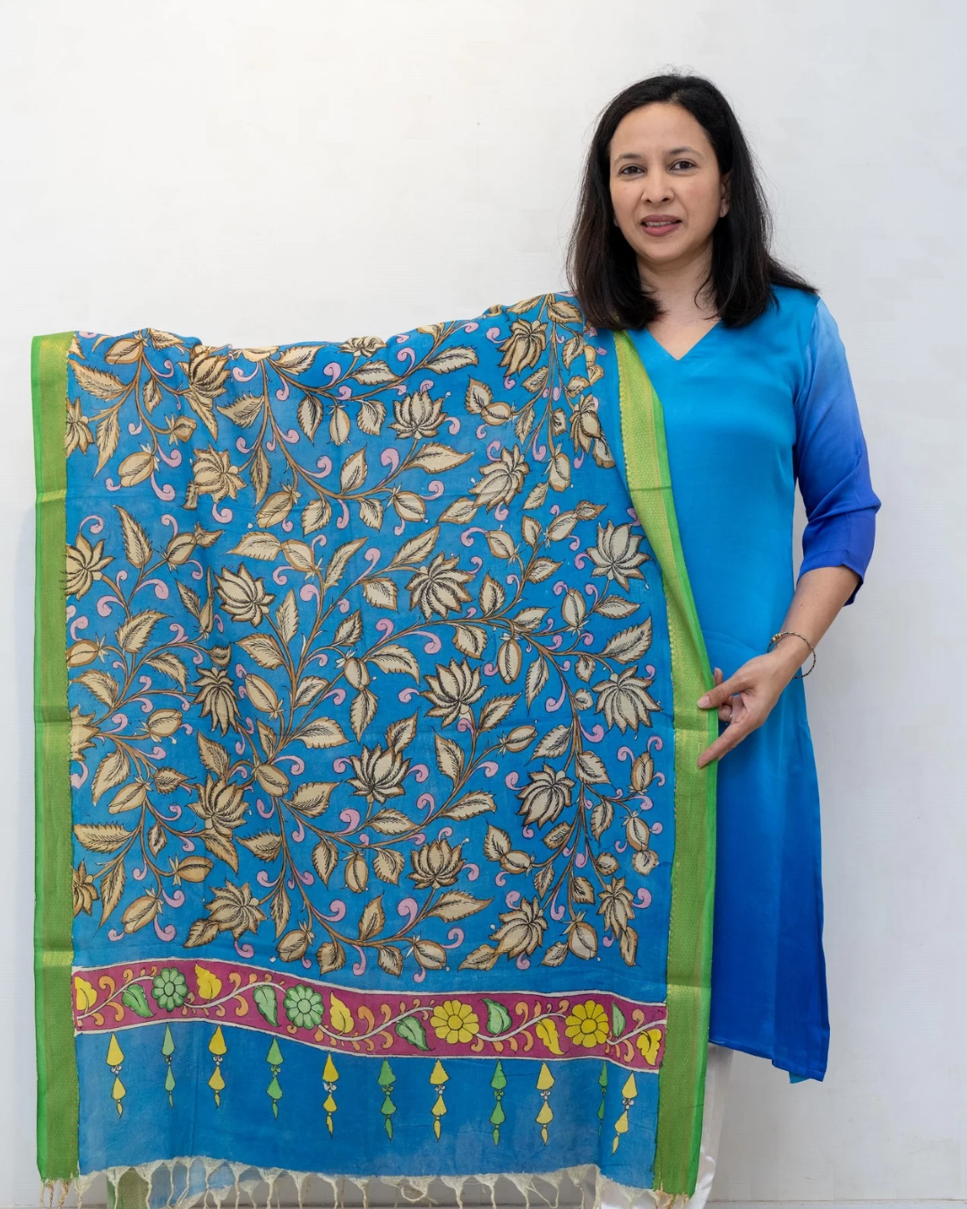 Blue 4 Pen Kalamkari Silk Dupatta