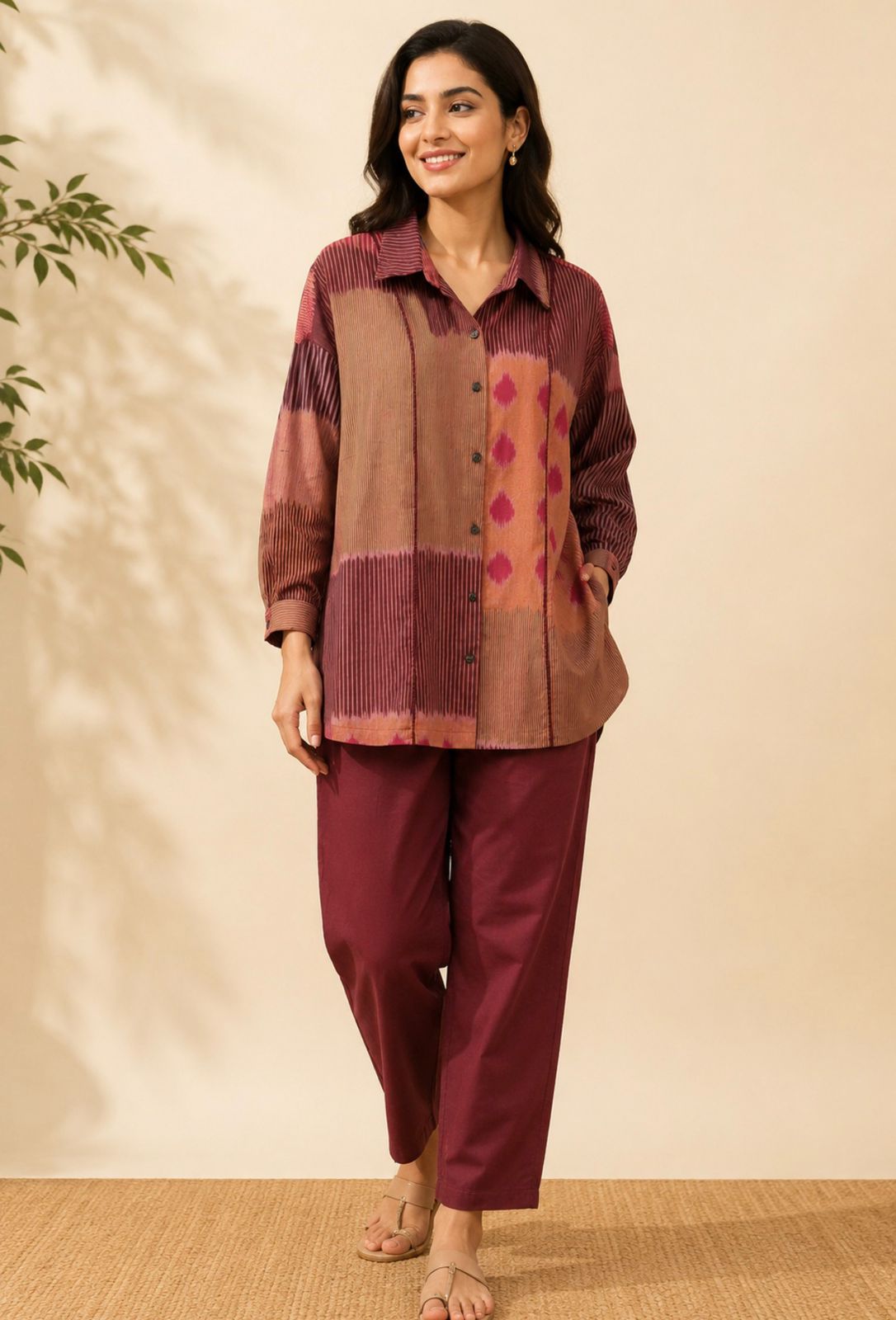 Maroon Shirt Collar Ikat Cotton Top