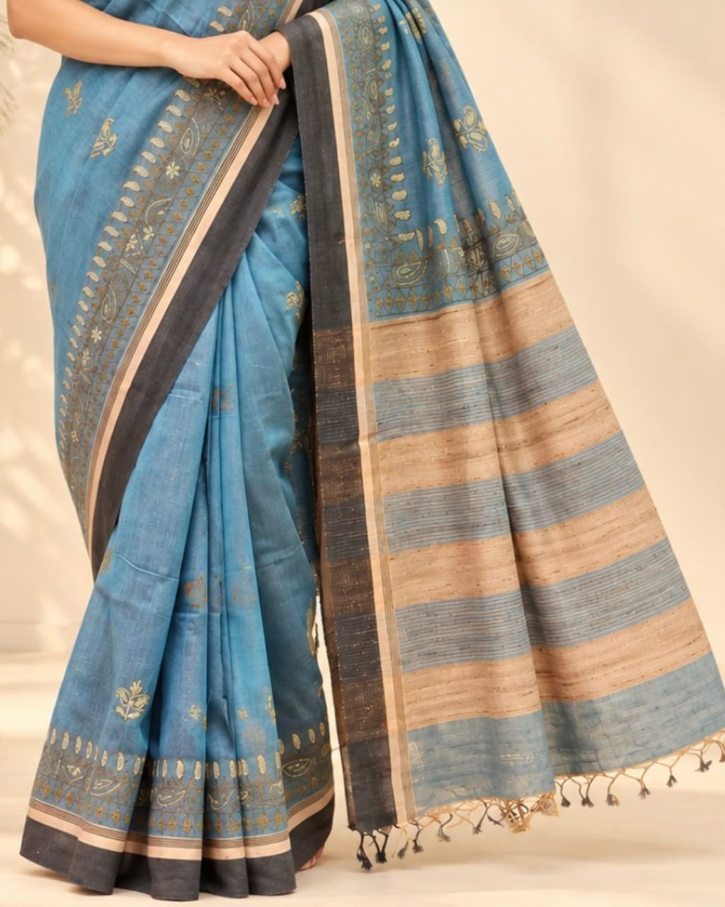 Blue Floral Kantha Embroidery Mulberry Silk Saree