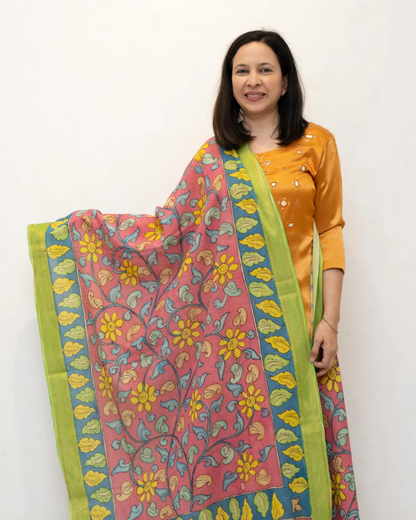 Pink 4 Pen Kalamkari Silk Dupatta