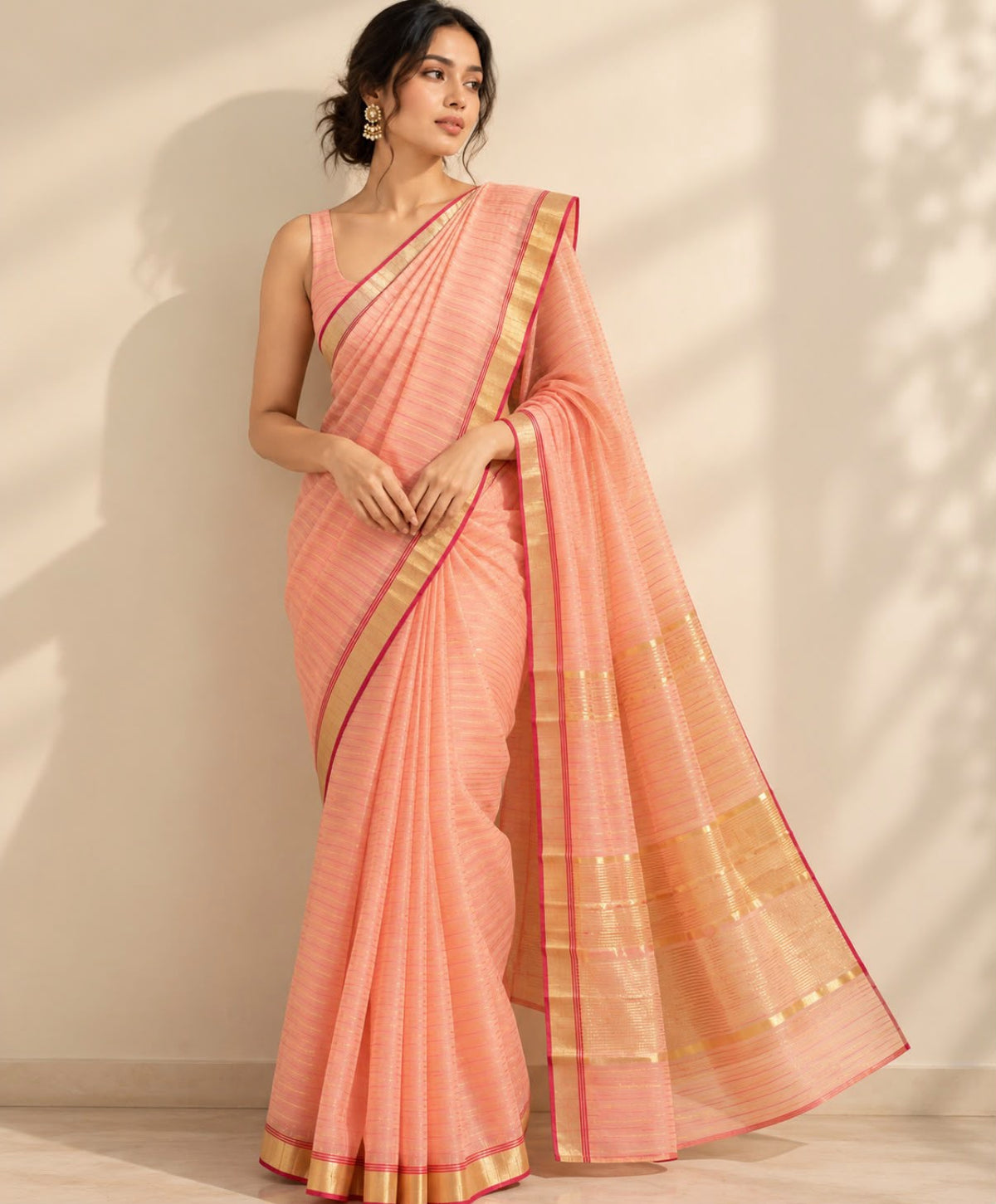 Peach Gold Stripes Marm Chanderi Silk Cotton Saree