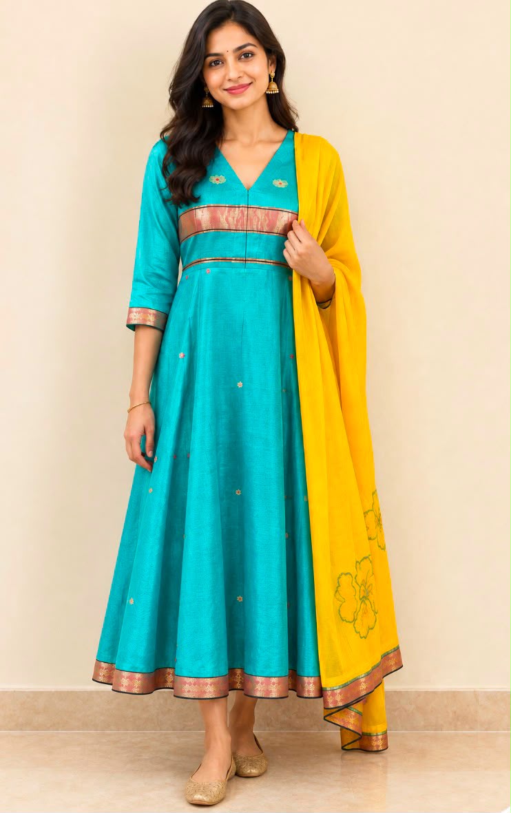 Blue V Neck Maheswari Silk Cotton Dress