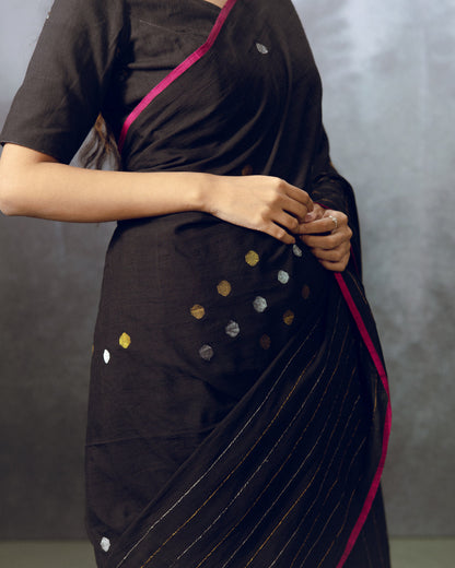 Black Zari Lines Jamdani Cotton Saree