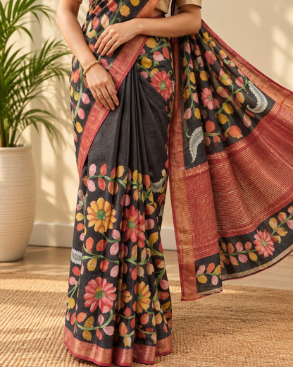 Black Kalamkari Hand Painted Tussar Silk Saree