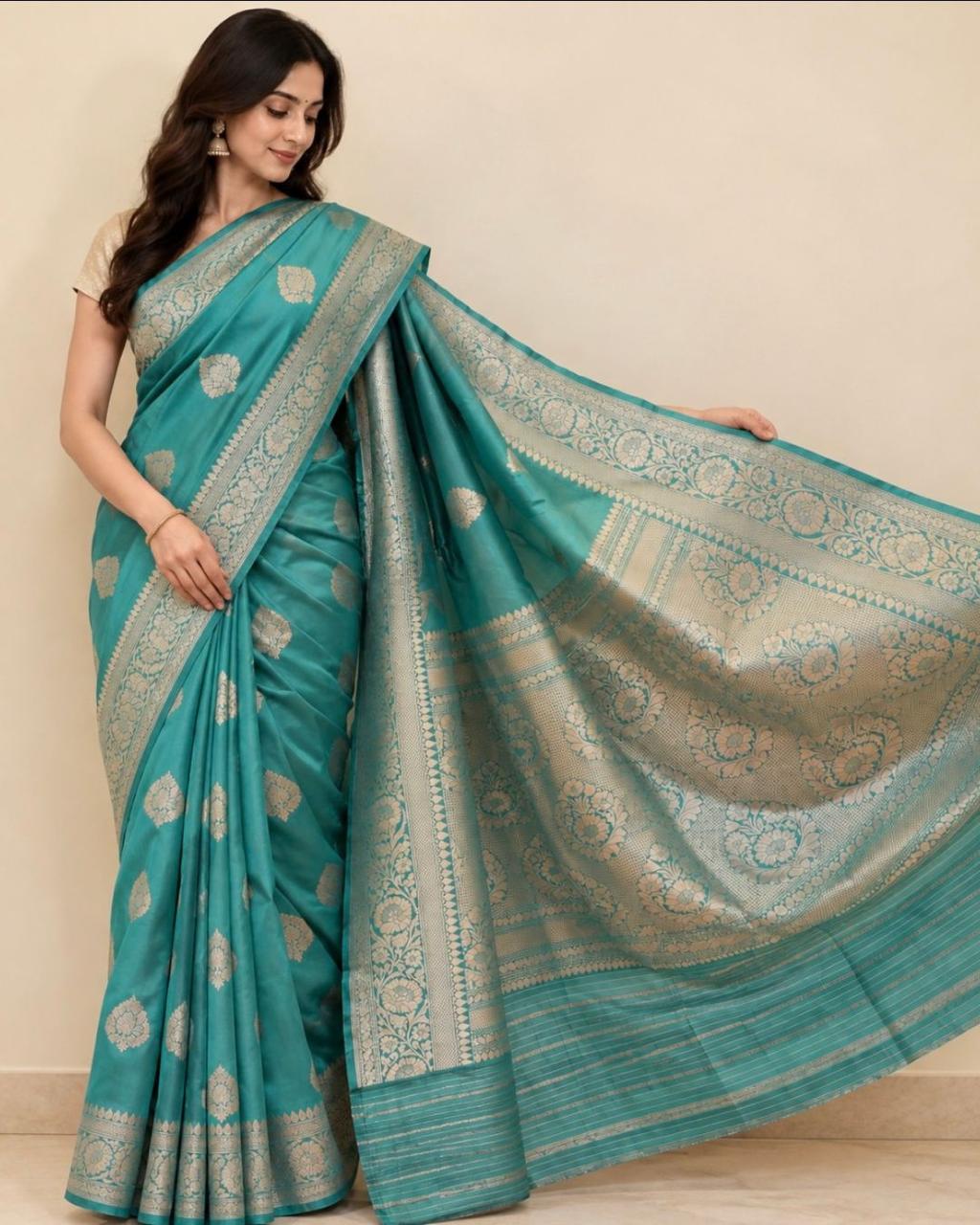 Teal Green Floral Butta Banarasi Tissue Silk Saree