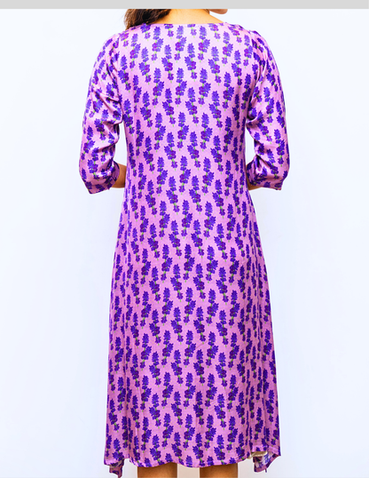 Lavender V Neck Floral Print Modal Dress
