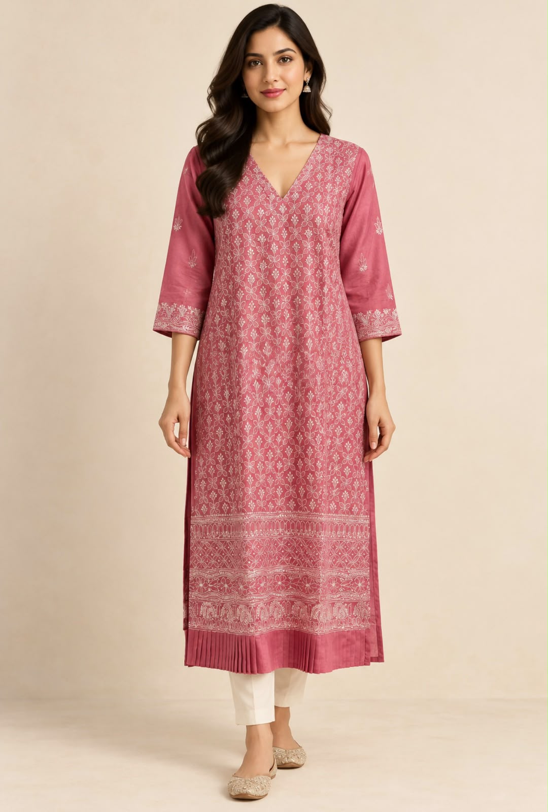 Pink Chikankari Embroidery Tussar Silk Kurta - samasta.in