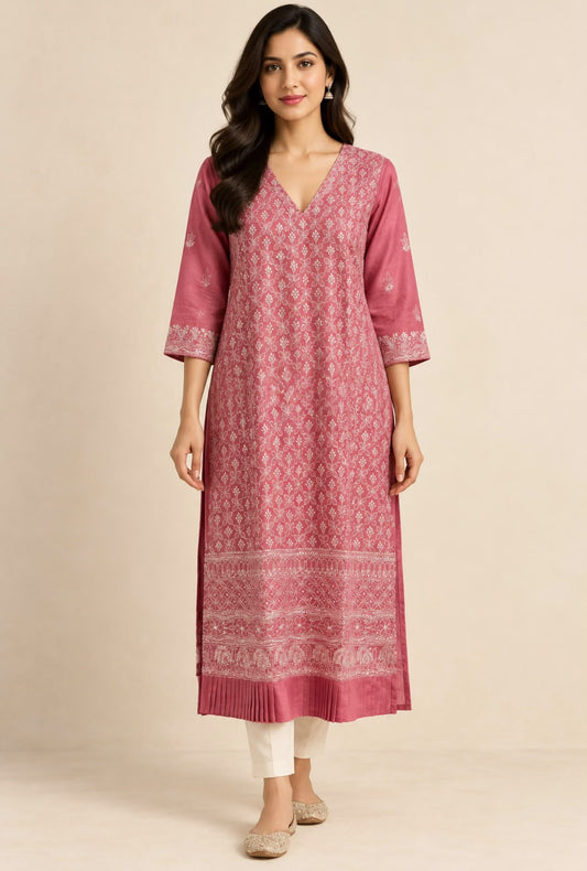 Pink Chikankari Embroidery Tussar Silk Kurta - samasta.in