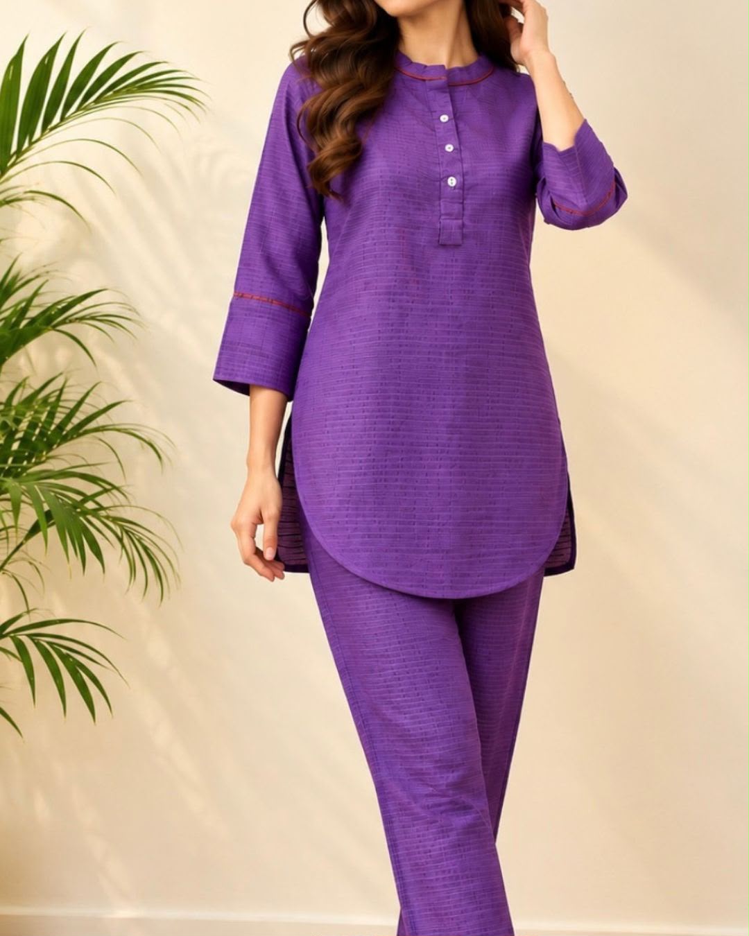 Purple Chinese Collar Tussar Silk Cotton Tunic