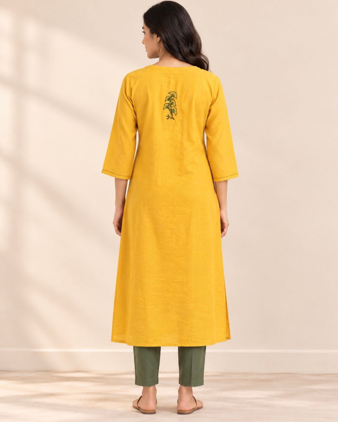 Yellow Floral Kanta Porgai Embroidery A-Line Cotton Dress