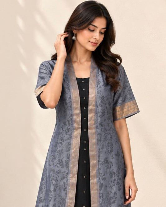 Grey Deer Leaf And Floral Printed Mulberry Silk Overlay - samasta.in #