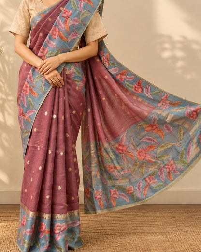 Dusty Rose with Slate Blue Kalamkari Floral Border and Zari Buttas Tussar Silk Saree