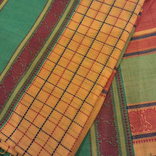 Yellow Check Kanjivaram Cotton Saree