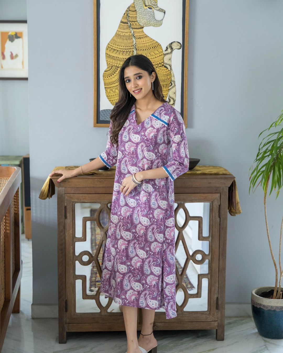 Mauve Jaipur Print Lase V Neck Cotton  Dress
