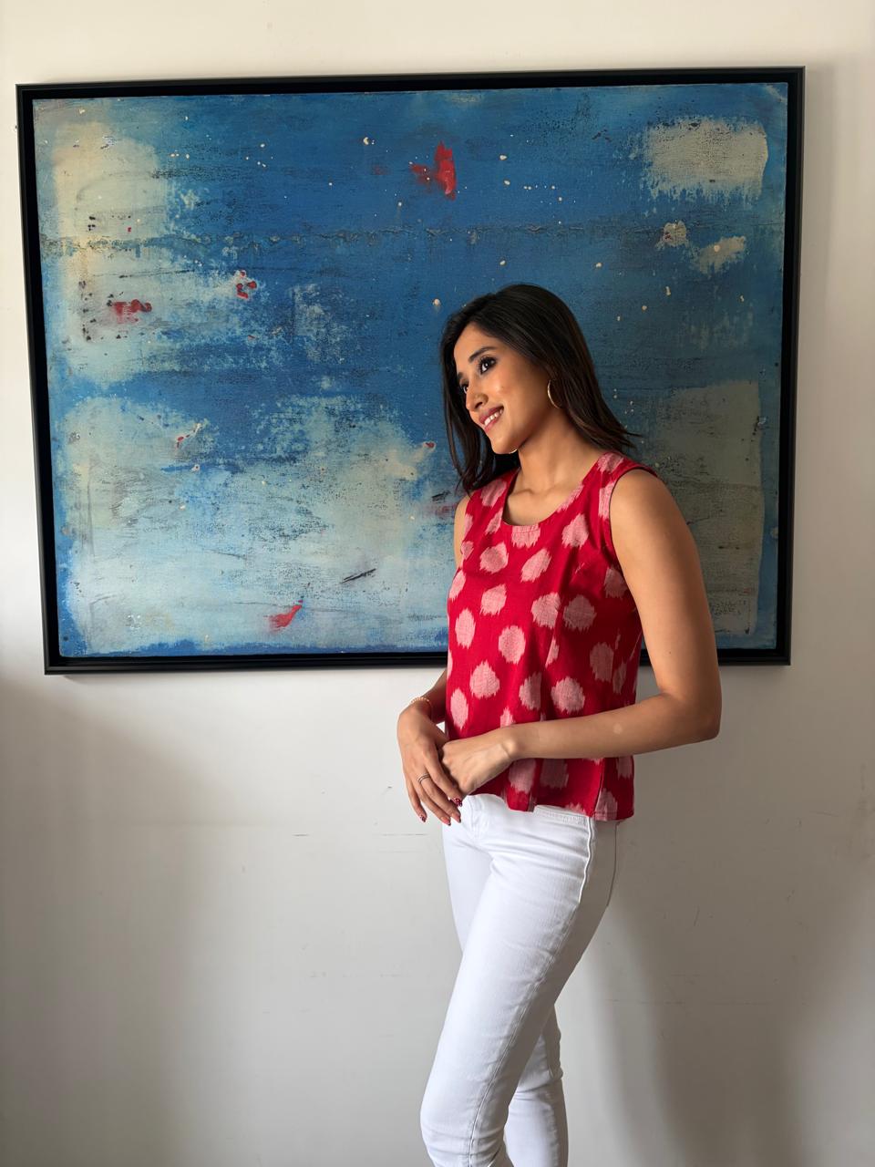 Red Ikat Sleeveless Cotton Top