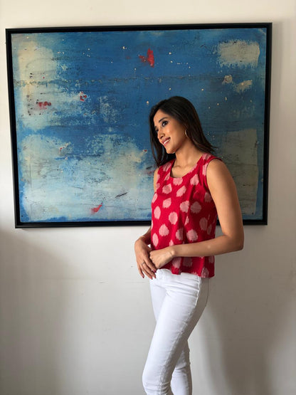 Red Ikat Sleeveless Cotton Top