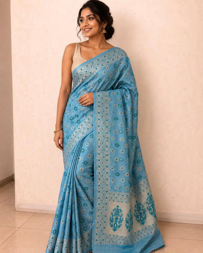 Teal Blue Banarasi Tissue Silk Saree