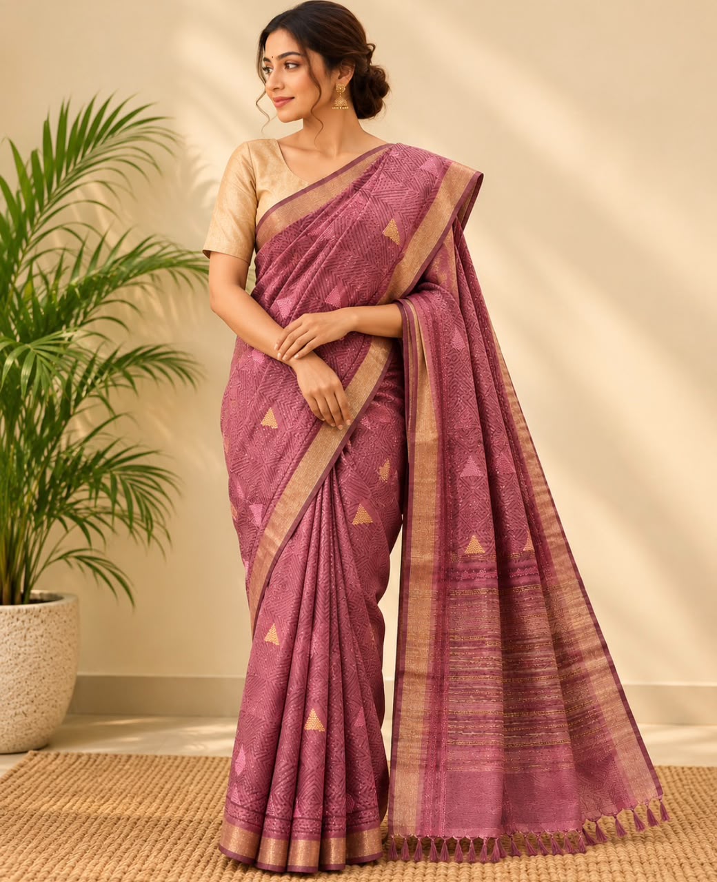 Magenta Geometric Kantha & Triangle Embroidered Buttas Mulberry Silk saree