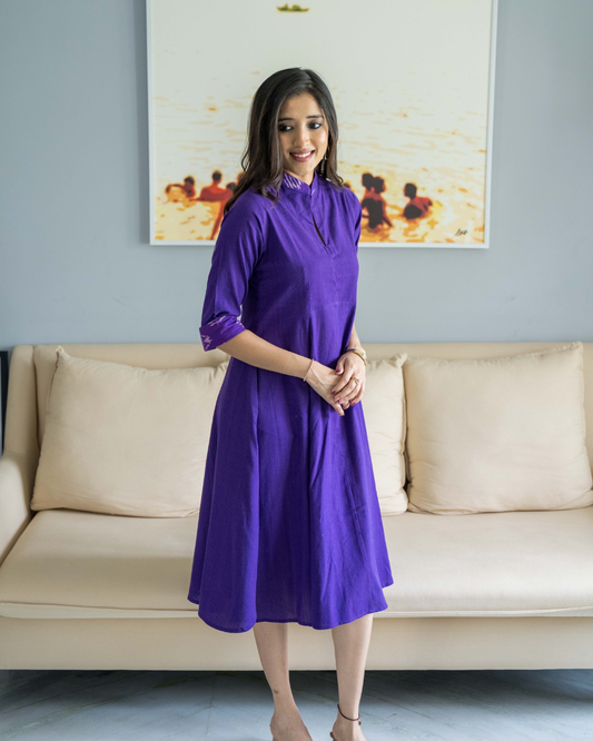 Purple Chinese Collar Cuff Ikat Cotton Dress
