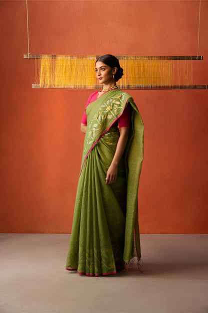 Green Jamdani Zari Lines Cotton Saree