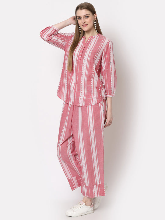 Pink White Stripe Cotton Co Ord Sets