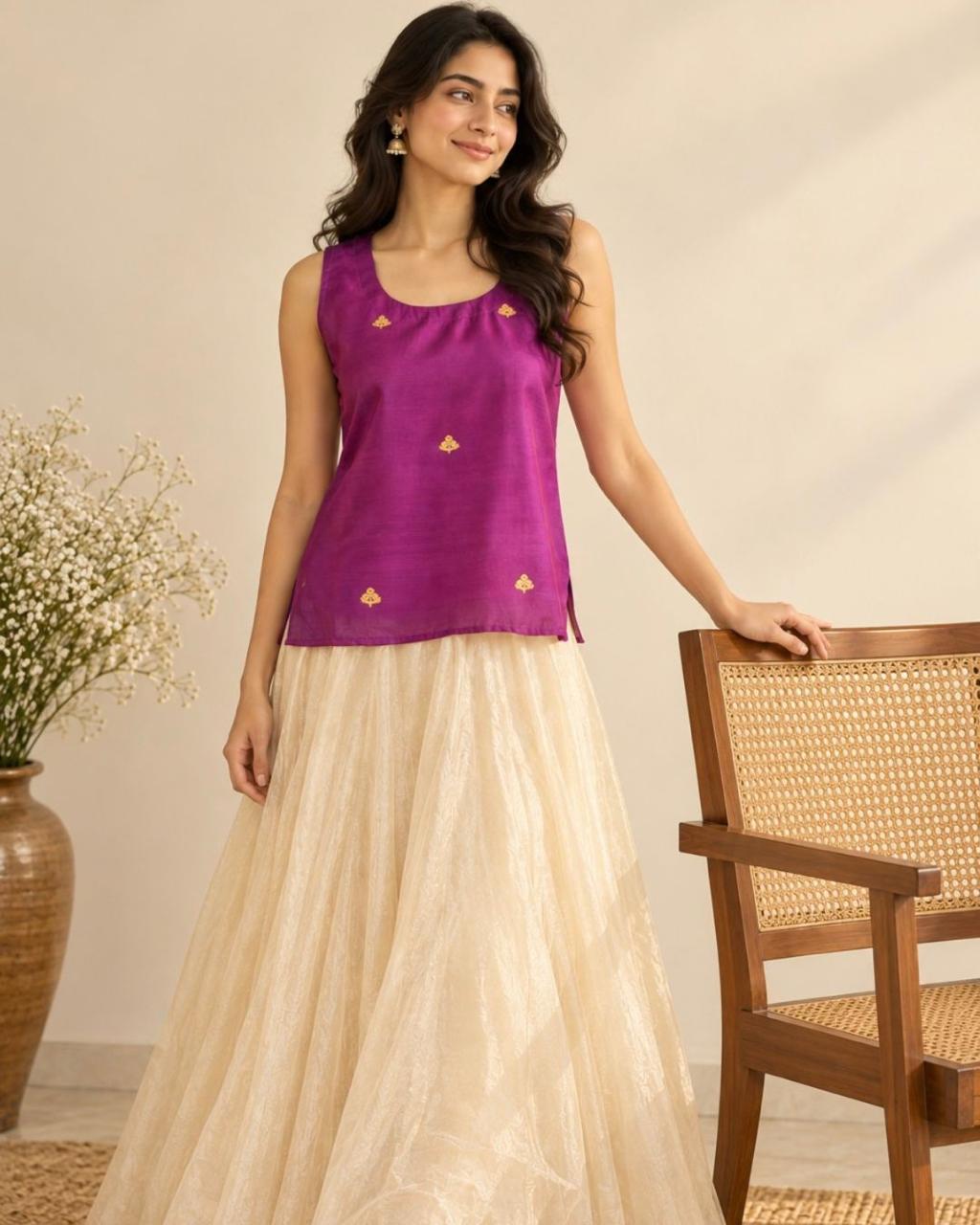 Purple Round Neck Chanderi Silk Cotton Blouse