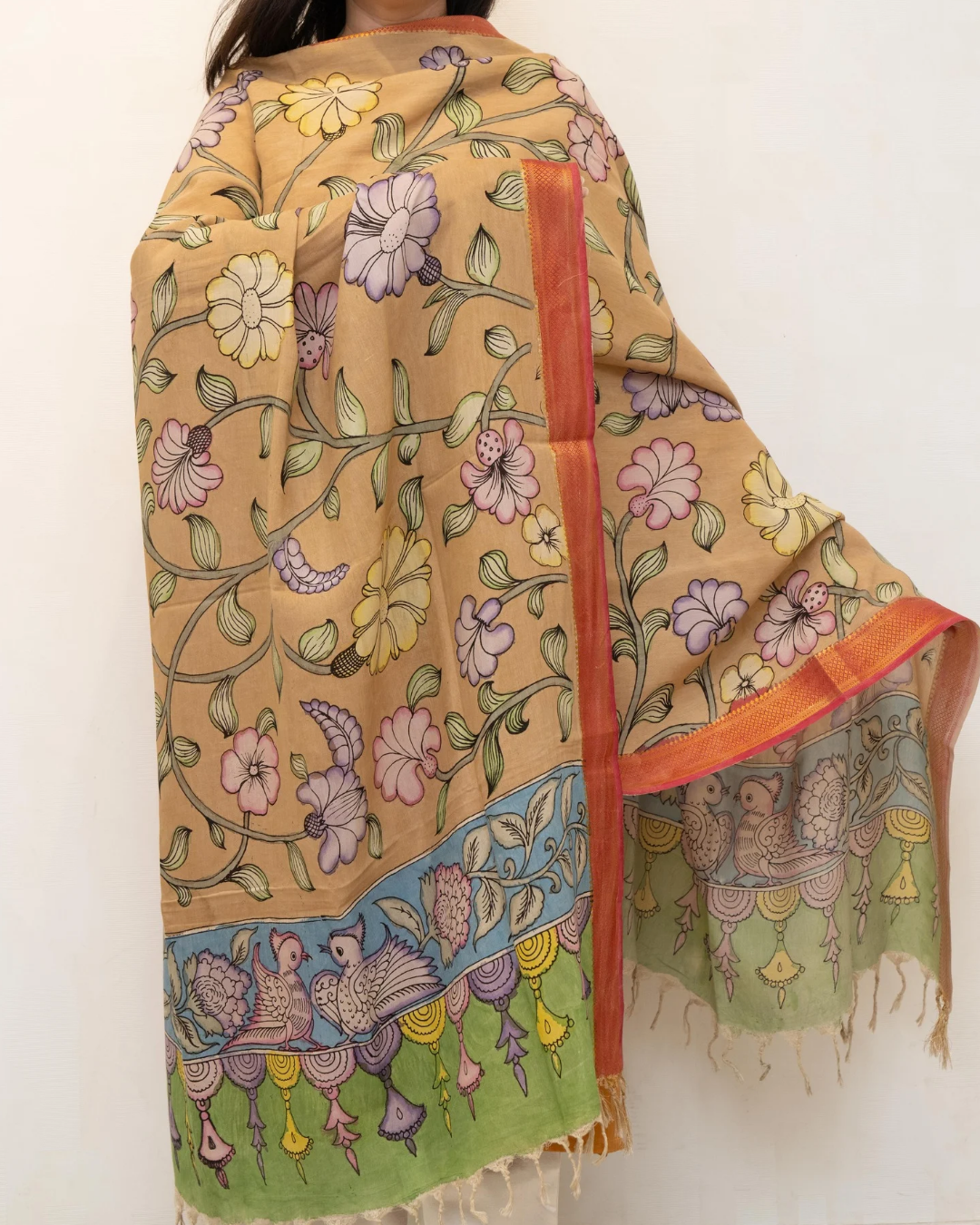 Beige 3 Pen Kalamkari Silk Dupatta