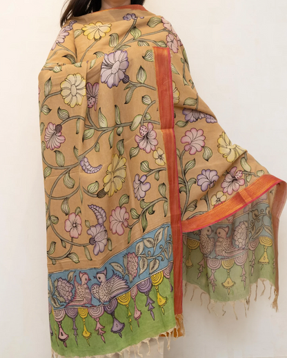 Beige 3 Pen Kalamkari Silk Dupatta