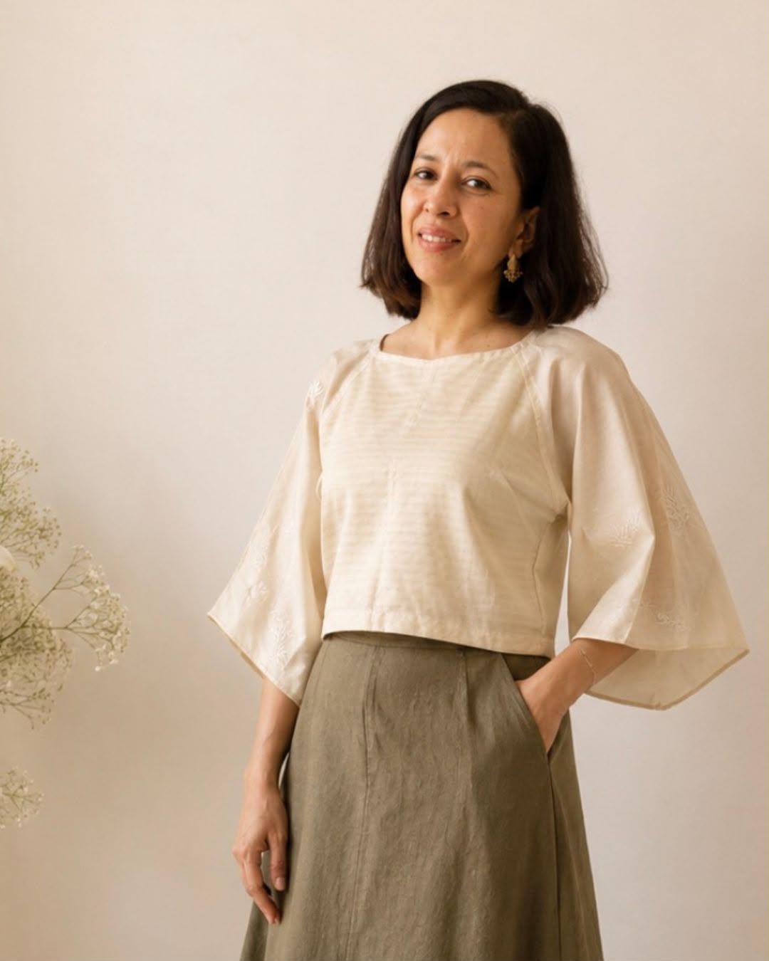 OffWhite Raglon Sleeves Striped Tussar Silk Blouse