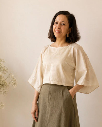 OffWhite Raglon Sleeves Striped Tussar Silk Blouse