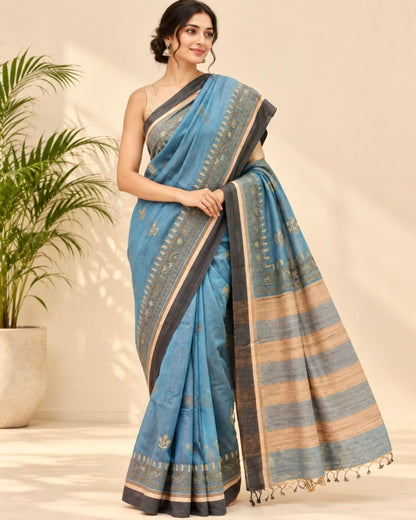 Blue Floral Kantha Embroidery Mulberry Silk Saree