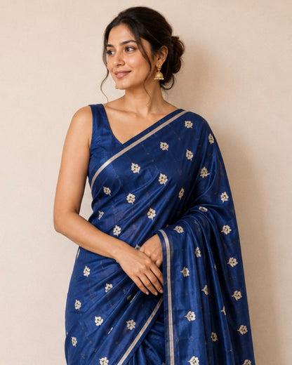 Navy Blue Chanderi Silk Saree