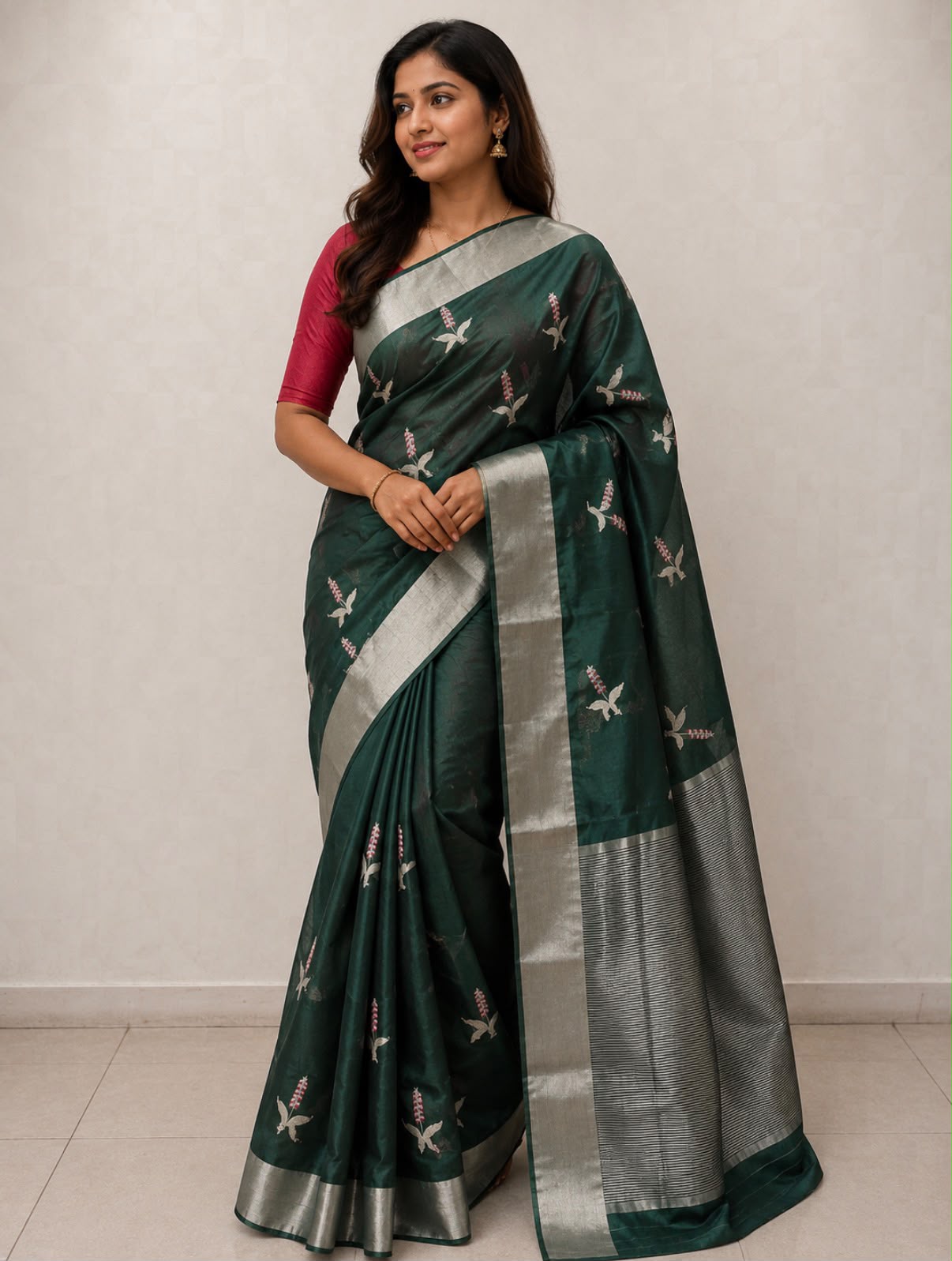 Bottle Green Floral Butta Chanderi Silk Saree