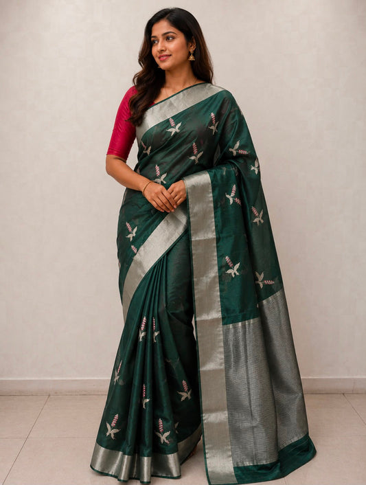 Bottle Green Floral Butta Chanderi Silk Saree