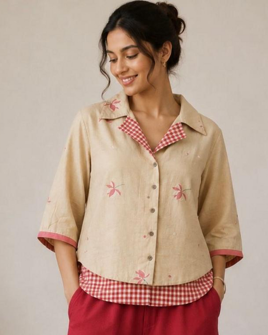 Beige Notch Collar Jamdani Cotton Top