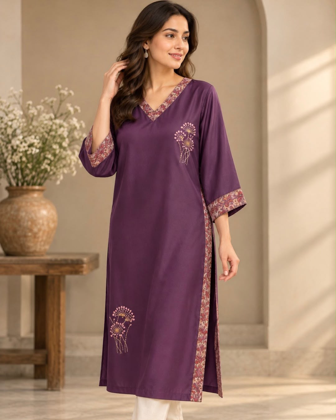 Purple V Neck Pmpt Border Hand Emboroidery Glazed Cotton Kurta