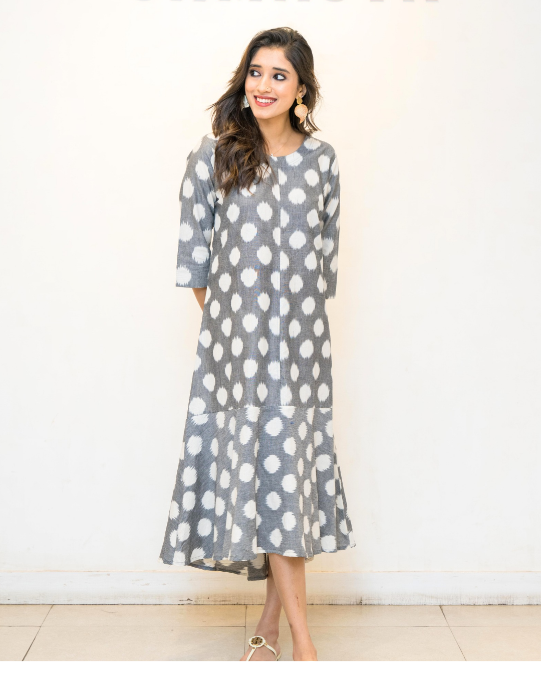Grey polka printed Cotton Dress