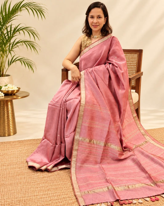 Pink Silver Zari Border Porgai Embroidery Mangalgiri Silk Saree