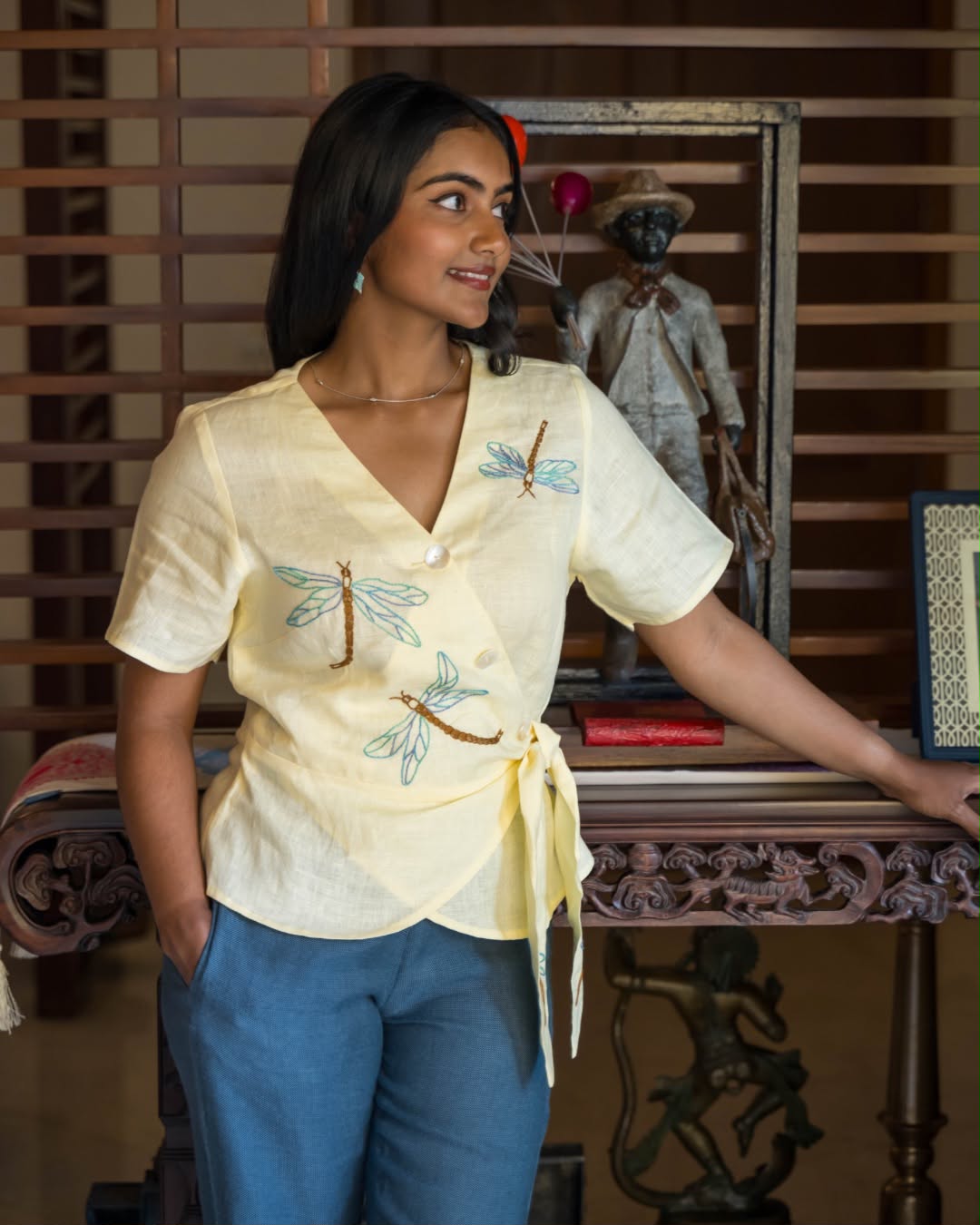 Yellow Dragonfly Embroidery Wrap Linen Top