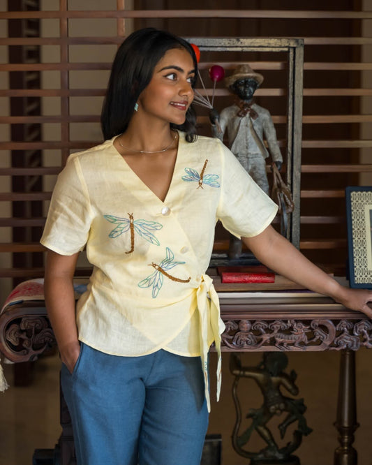 Yellow Dragonfly Embroidery Wrap Linen Top