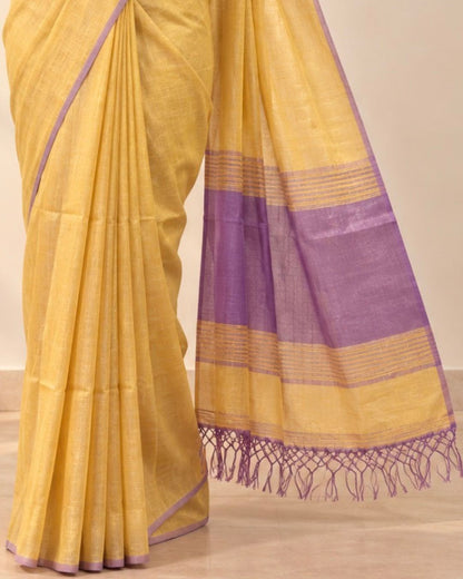 Yellow Fulia Cotton Tissue Saree with Purple Border and Tassels Pallu