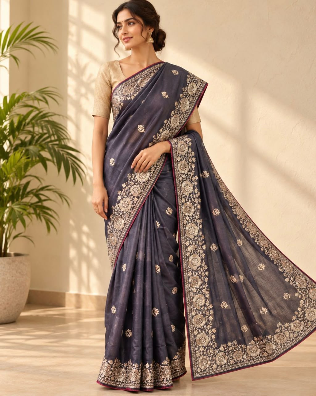Navy Blue Floral Buttas  Gold Kasab Zardosi Embroidery Border Tussar Silk Saree