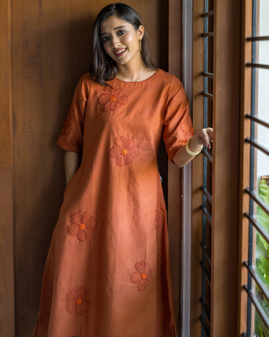 Orange Checks Floral Embroidered Cotton Dress