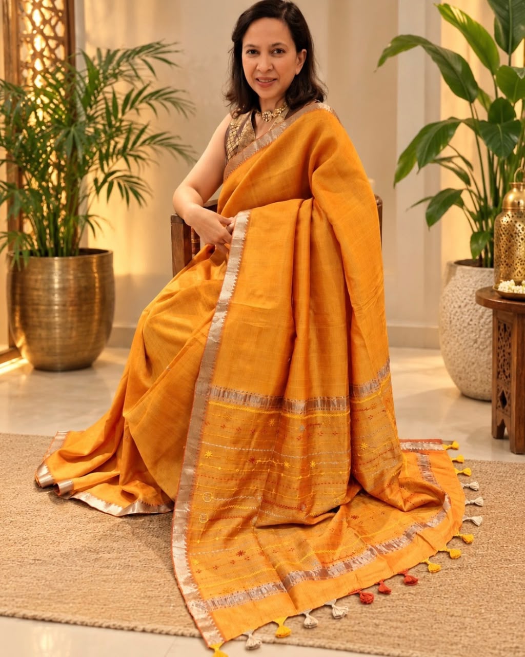 Mustard Silver Zari Border Porgai Embroidery Mangalgiri Silk Saree